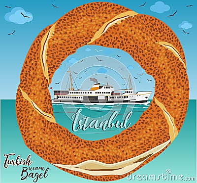 Istanbul Ferry illustration with istanbul silhouette Vector Illustration