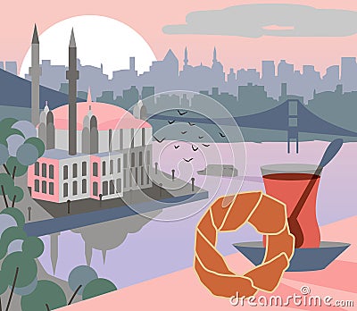 Istanbul flat illustration. Modern flat style turkish city illustration. Istanbul holiday travel flat drawing. Hand Vector Illustration