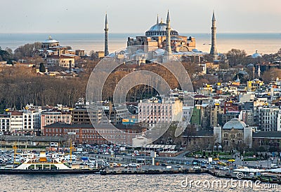 Istanbul Hagia Sophia mosque with city panorama and Golden Horn Stock Photo