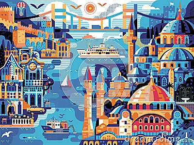 Istanbul Panoramic Cityscape Travel Horizontal Vintage Poster Vector Illustration