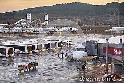 Istanbul Sabiha Gokcen Airport - February 2020. Pegasus Airlines original colorway aircraft on the airfield Editorial Stock Photo