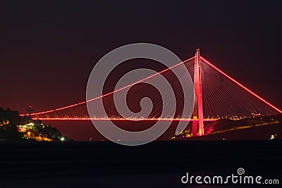 Yavuz Sultan Selim Bridge Bokeh - Istanbul Sariyer Beach Night View - Long Exposure Stock Photo