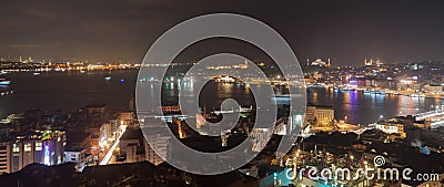 Istanbul skyline from Galata bridge by night, with cruise liners, Turkey Editorial Stock Photo