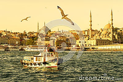 Istanbul in summer, Turkey. Boat sails on the Golden Horn Editorial Stock Photo