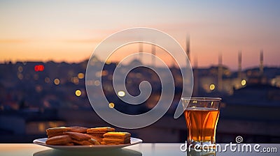 Istanbul Sunset with Turkish Tea and Sweets, AI Generative Stock Photo