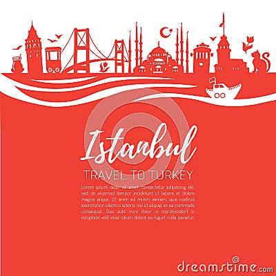 Istanbul symbols. Modern flat vector illustration of famous turkish landmarks. Vector Illustration