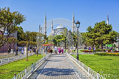 Beautiful view of the exterior of the Blue Mosque, Sultanahmet Camii, in Istanbul from Saltanahmet Park Editorial Stock Photo