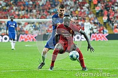 Istanbul, Turkey - August 14, 2019: Jorginho and Sadio Mane during the UEFA Super Cup Finals match between Liverpool and Chelsea Editorial Stock Photo