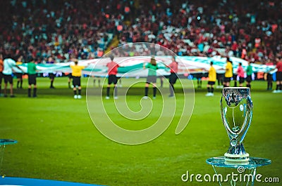 Istanbul, Turkey - August 14, 2019: Official 2019 UEFA Super Cup in Istanbul is on the pedestal during the UEFA Super Cup Finals Editorial Stock Photo