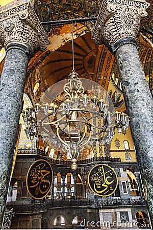 Istanbul, Turkey, 05/23/2019: Big beautiful chandelier in the Aya Sofia Cathedral. Impressive interior. Editorial Stock Photo