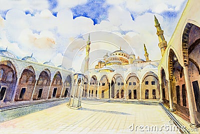 Istanbul, Turkey, The Blue Mosque. Cartoon Illustration