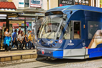 Istanbul, Turkey, 05/23/2019: Bus on a busy city street. Close-up Editorial Stock Photo