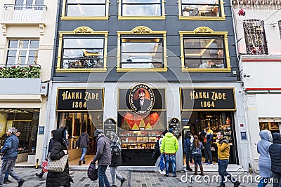 HAFIZ MUSTAFA, HAKKI ZADE 1864 Confectionery is famous historical dessert company in Taksim Istiklal Street. Beyoglu, Istanbul, Editorial Stock Photo