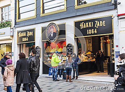 HAFIZ MUSTAFA, HAKKI ZADE 1864 Confectionery is famous historical dessert company in Taksim Istiklal Street. Beyoglu, Istanbul, Editorial Stock Photo