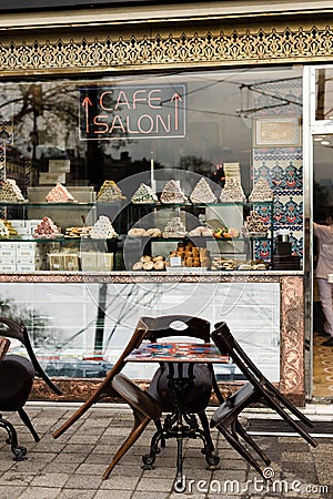 Istanbul, Turkey, December 1, 2014: Vertical picture of the entrance of a tea salon Editorial Stock Photo