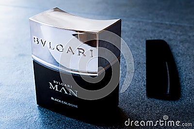 Istanbul, Turkey - February 23, 2018 Bvlgari Man Black Cologne 30ml / Parfume with Comb. Editorial Stock Photo