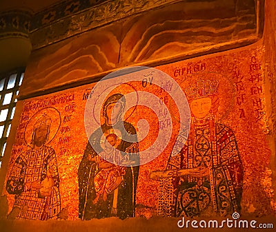 Istanbul, Turkey - February 13, 2010: Mosaic on the wall of Hagya Sophya, Turkey Editorial Stock Photo