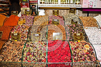 Istanbul, Turkey, 20.12.2019: Grand Bazaar varied produce fr sale: spices, condiments, teas Editorial Stock Photo