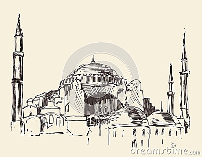 Istanbul, Turkey, Hagia Sophia, Engraved Sketch Vector Illustration