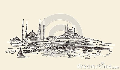 Istanbul, Turkey, Harbor, Vintage Engraved Sketch Vector Illustration