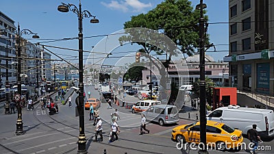 Modern long tram drives along Istanbul street under blue sky Editorial Stock Photo