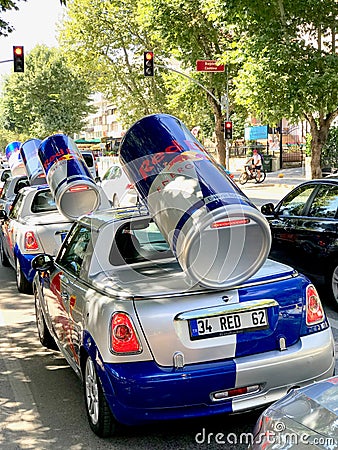 Istanbul, Turkey - June 23, 2019: Red Bull mini cooper publicity car with a can of red bull drink behind at the Red Bull Speed Editorial Stock Photo