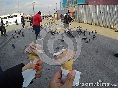 Istanbul, Turkeyâ€“ March 6, 2019: Ice Cream with lovely couple hands Editorial Stock Photo