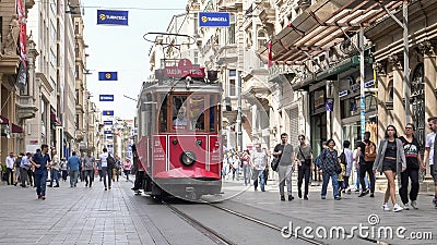 ISTANBUL, TURKEY - MAY, 22, 2019: low angle shot of an approaching taksim-tunel tram istanbul Editorial Stock Photo