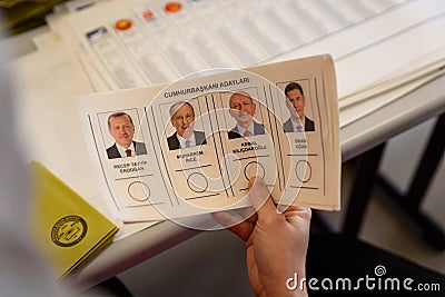 Istanbul, Turkey - 14 May 2023 A voting card with the candidates is seen close up at Saffet Ã‡ebi school. 64 millions Editorial Stock Photo