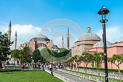 Istanbul, Turkey - May 28, 2019: The way to Hagia Sophia Museum mosque with local people and group tourism at Istanbul, Turkey Editorial Stock Photo