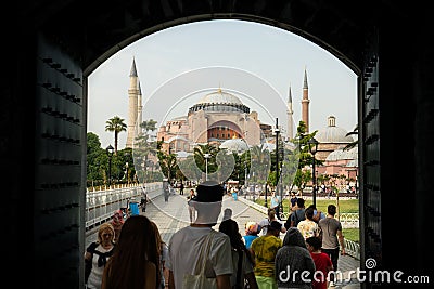 Istanbul, Turkey - May 28, 2019: The way to Hagia Sophia Museum mosque with local people and group tourism at Istanbul, Turkey Editorial Stock Photo