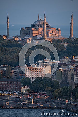 Istanbul, Turkey, Middle East, Hagia Sophia, Ayasofya, mosque, minaret, museum, sunset, aerial view, Bosphorus, Golden Horn Editorial Stock Photo