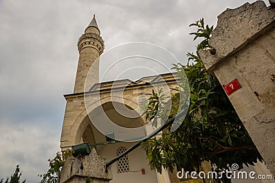 ISTANBUL, TURKEY: Minaret of the mosque close-up. View of Hagia Sophia, Christian patriarchal basilica, imperial mosque and now a Stock Photo