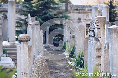 Istanbul turkey november 2018 - close up of some headstone, gravestone statue in the Cemetery Of The Suleymaniye Mosque Stock Photo