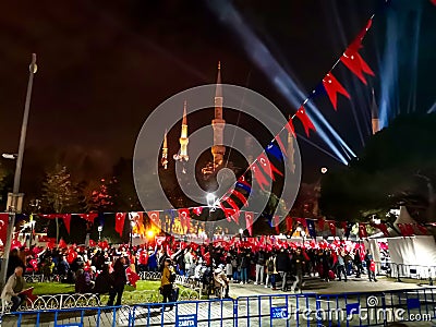 Minarets of the Blue Mosque in Istanbul are lit by festive lights on Republic Day in Turkey Editorial Stock Photo