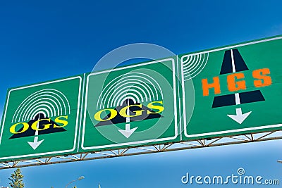 ISTANBUL, TURKEY - OCTOBER 22, 2014: OGS and HGS toll payment signs along the highway Stock Photo