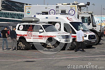 Istanbul, Turkey - September-18,2019: Snow ambulance vehicle on display. Ambulance vehicle next to the city Editorial Stock Photo