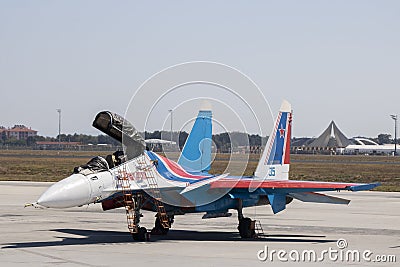 Istanbul, Turkey - September-18,2019: Teknofest 2019 air shows Russian Su-35 aircraft close-up Editorial Stock Photo