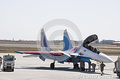 Istanbul, Turkey - September-18,2019: Teknofest 2019 air shows Russian Su-35 aircraft close-up Editorial Stock Photo