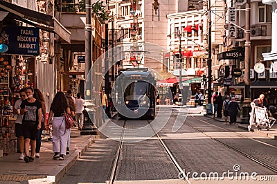 ISTANBUL, TURKEY - 09 07 2020: Sunset view along Hudavendigar street in historic Hocapasa district of Istanbul, Turkey Editorial Stock Photo