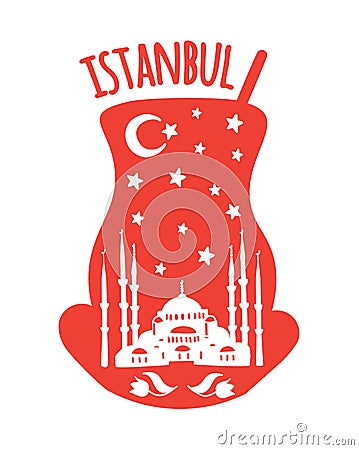 Istanbul, Turkey. Travel illustration of famous turkish symbol the Sultan Ahmet Blue Mosque, crescent moon, night sky with stars. Vector Illustration