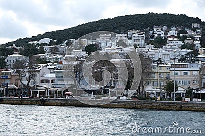 View of Heybeliada Halki from the sea on a snowy day Editorial Stock Photo