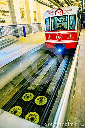 ISTANBUL, TURKEY: View of the Tunel, world's second oldest underground railway metro on the subway rail in Istanbul Editorial Stock Photo