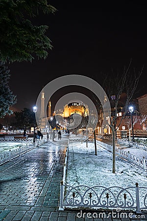Istanbul winter view. Hagia Sophia and snow covered park in Sultanahmet Editorial Stock Photo