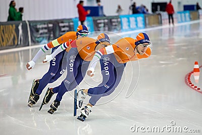 ISU European Speed Skating Championships. Athlete on ice. Classic speed skating or short track. Single race or team Editorial Stock Photo