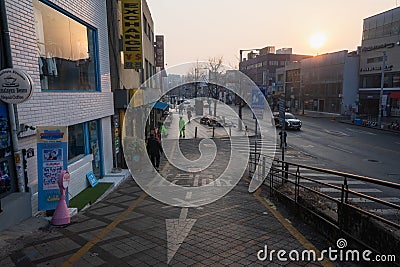 Itaewon street multi cultural commercial area during winter morning at Yongsan-gu , Seoul South Korea : 6 February 2023 Editorial Stock Photo