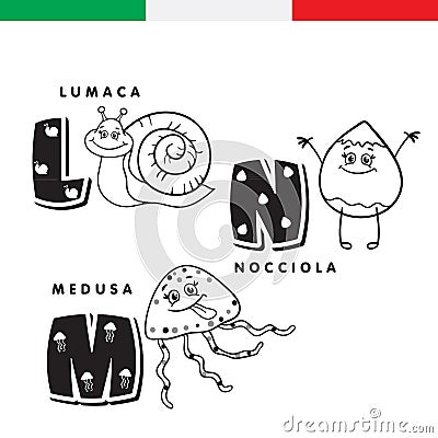 Italian alphabet. Snail, hazelnut, jellyfish. Vector letters and characters. Vector Illustration