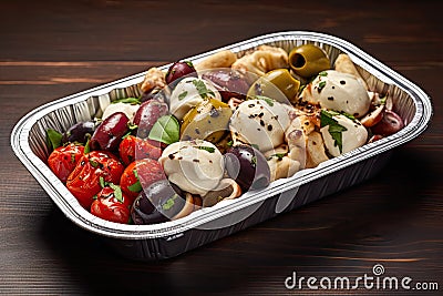 Italian Antipasti Set with Small Peppers Stuffed with Cream Cheese, Pickled Olives, Marinated Mushrooms, Stock Photo