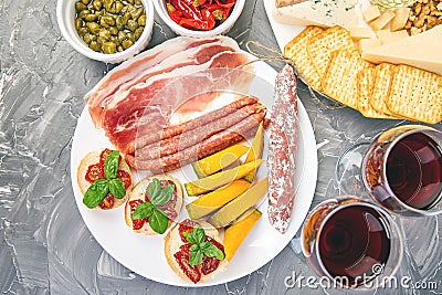 Italian antipasti wine snacks set. Italian food. Stock Photo