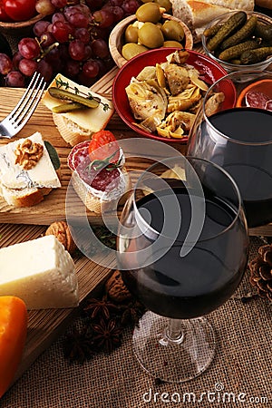 Italian antipasti wine snacks variety set. Cheese, Mediterranean Stock Photo